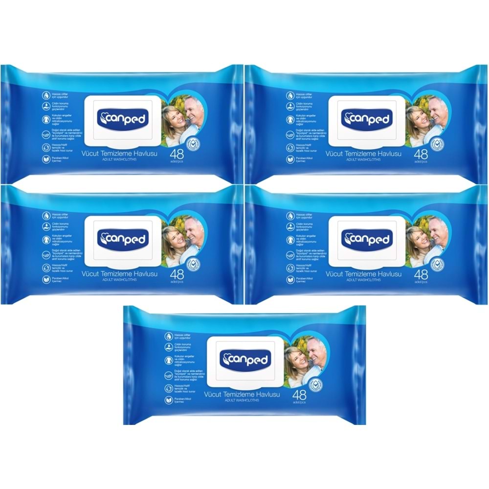 Canped Yetişkin Vücut Perine Temizleme Islak Mendil Havlu 48 Yaprak XL (5 Li Set) Plastik Kapaklı