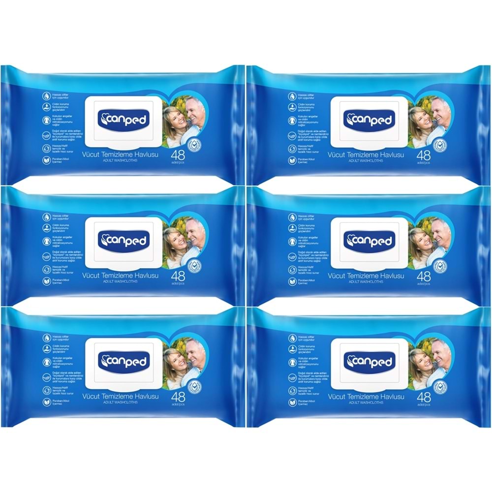 Canped Yetişkin Vücut Perine Temizleme Islak Mendil Havlu 48 Yaprak XL (6 Lı Set) Plastik Kapaklı