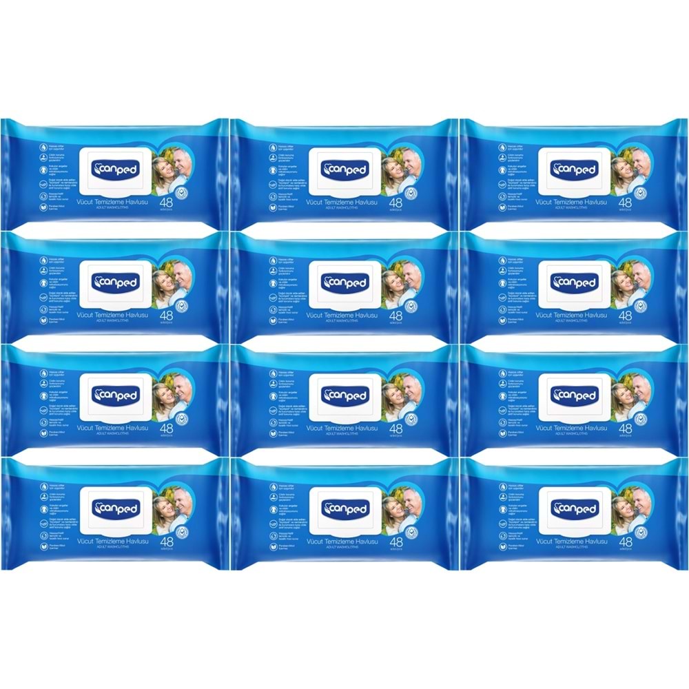 Canped Yetişkin Vücut Perine Temizleme Islak Mendil Havlu 48 Yaprak XL (12 Li Set) Plastik Kapaklı