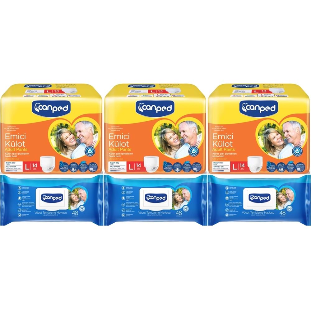 Canped Emici Külot Pants Yetişkin Bezi L - Büyük - Large 14 Adet - Temizleme Havlusu (6Lı Set)
