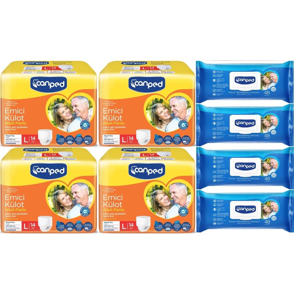 Canped Emici Külot Pants Yetişkin Bezi L - Büyük - Large 14 Adet - Temizleme Havlusu (8Li Set)