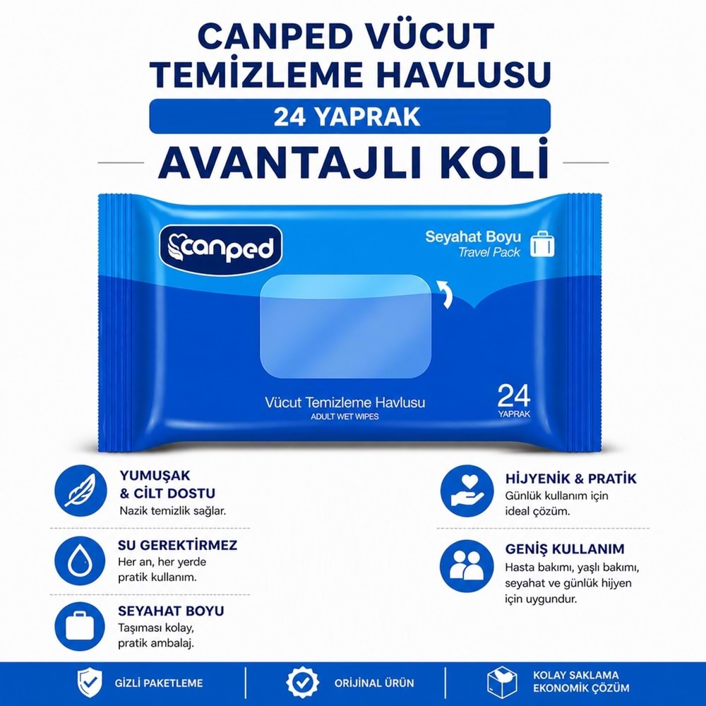 Canped Yetişkin Vücut Temizleme Islak Mendil Havlu 24 Yaprak Seyahat Boy 24 Lü Set (576 Yaprak)