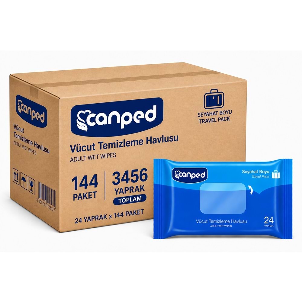 Canped Yetişkin Vücut Temizleme Islak Mendil Havlu 24 Yaprak Seyahat Boy 144 Lü Set (3456 Yaprak)