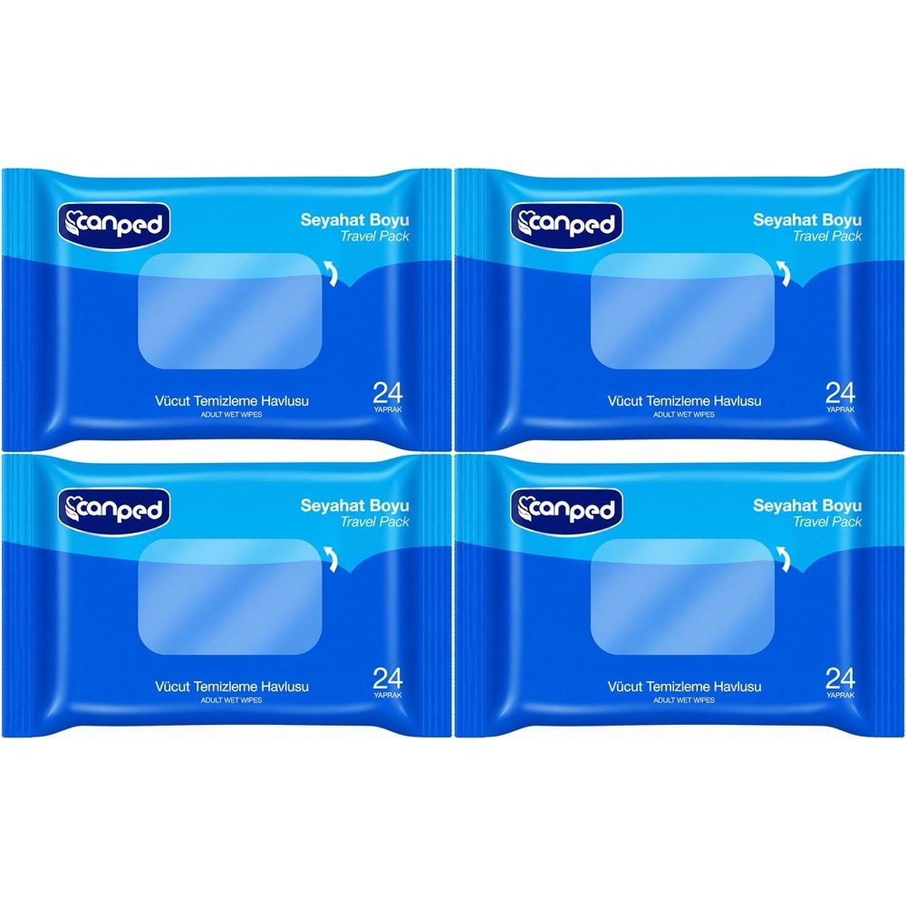 Canped Yetişkin Vücut Temizleme Islak Mendil Havlu 24 Yaprak Seyahat Boy 4 Lü Set (96 Yaprak)