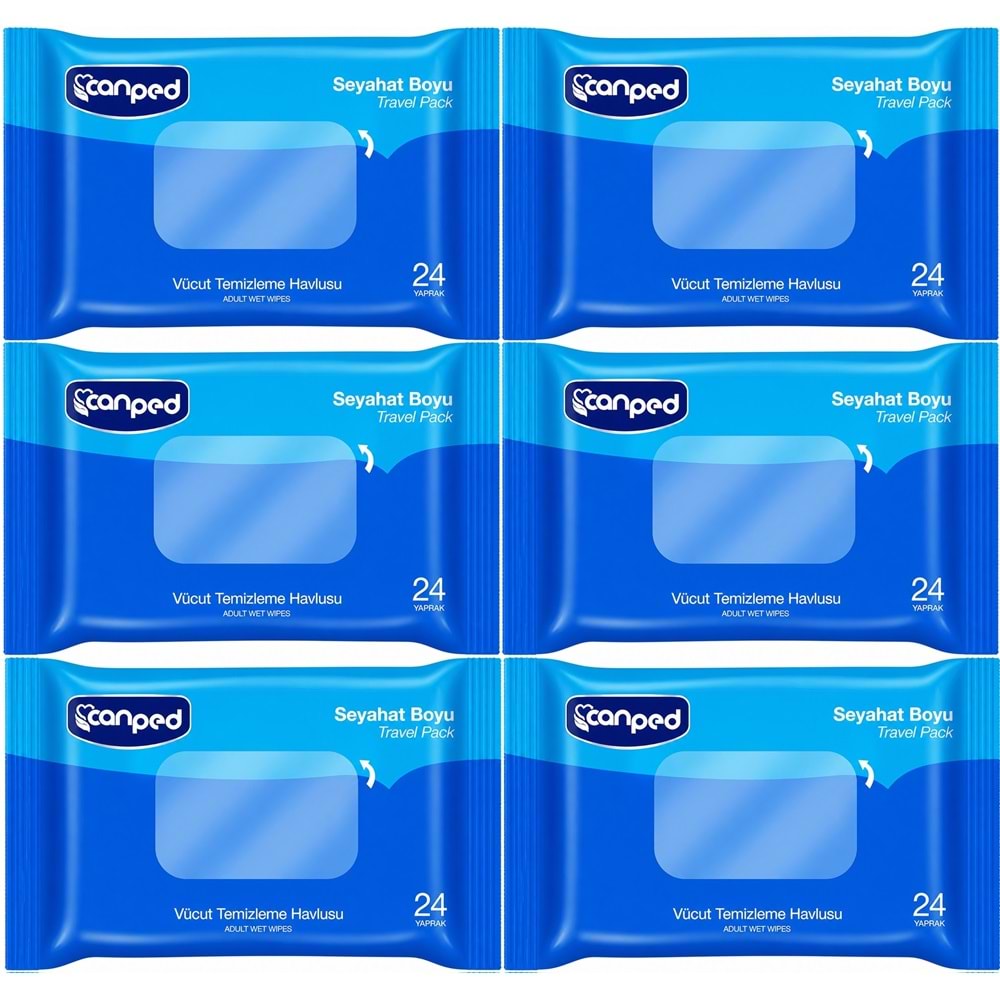 Canped Yetişkin Vücut Temizleme Islak Mendil Havlu 24 Yaprak Seyahat Boy 6 Lı Set (144 Yaprak)