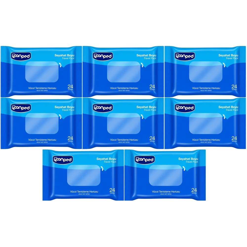 Canped Yetişkin Vücut Temizleme Islak Mendil Havlu 24 Yaprak Seyahat Boy 8 Li Set (192 Yaprak)