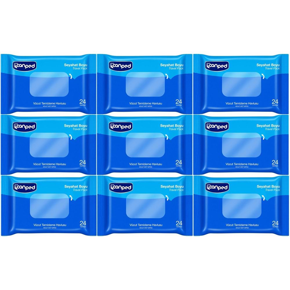 Canped Yetişkin Vücut Temizleme Islak Mendil Havlu 24 Yaprak Seyahat Boy 9 Lı Set (216 Yaprak)