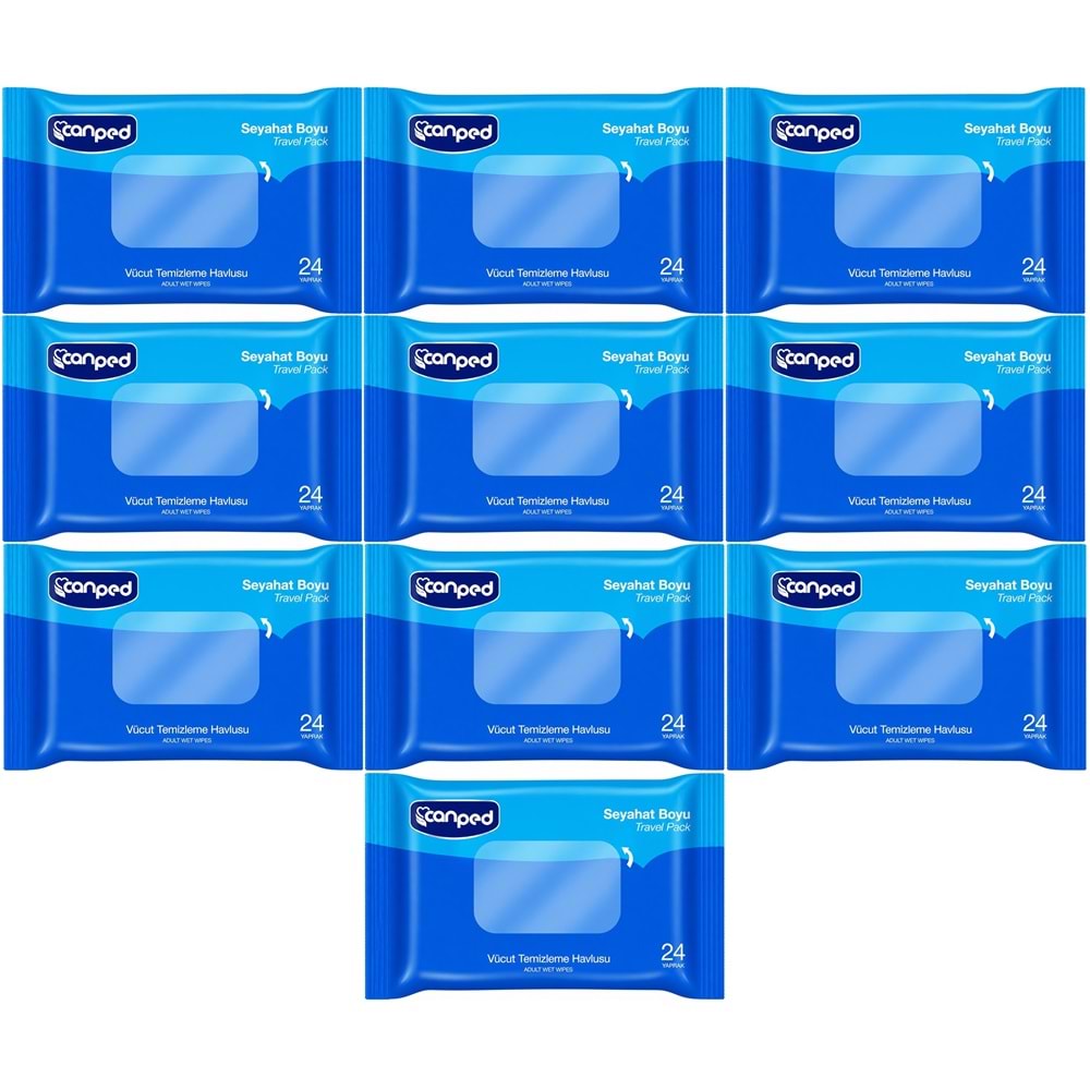Canped Yetişkin Vücut Temizleme Islak Mendil Havlu 24 Yaprak Seyahat Boy 10 Lu Set (240 Yaprak)