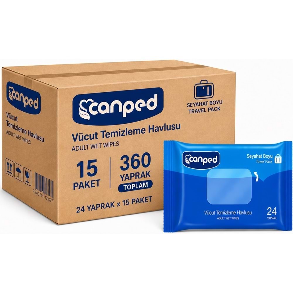 Canped Yetişkin Vücut Temizleme Islak Mendil Havlu 24 Yaprak Seyahat Boy 15 Li Set (360 Yaprak)