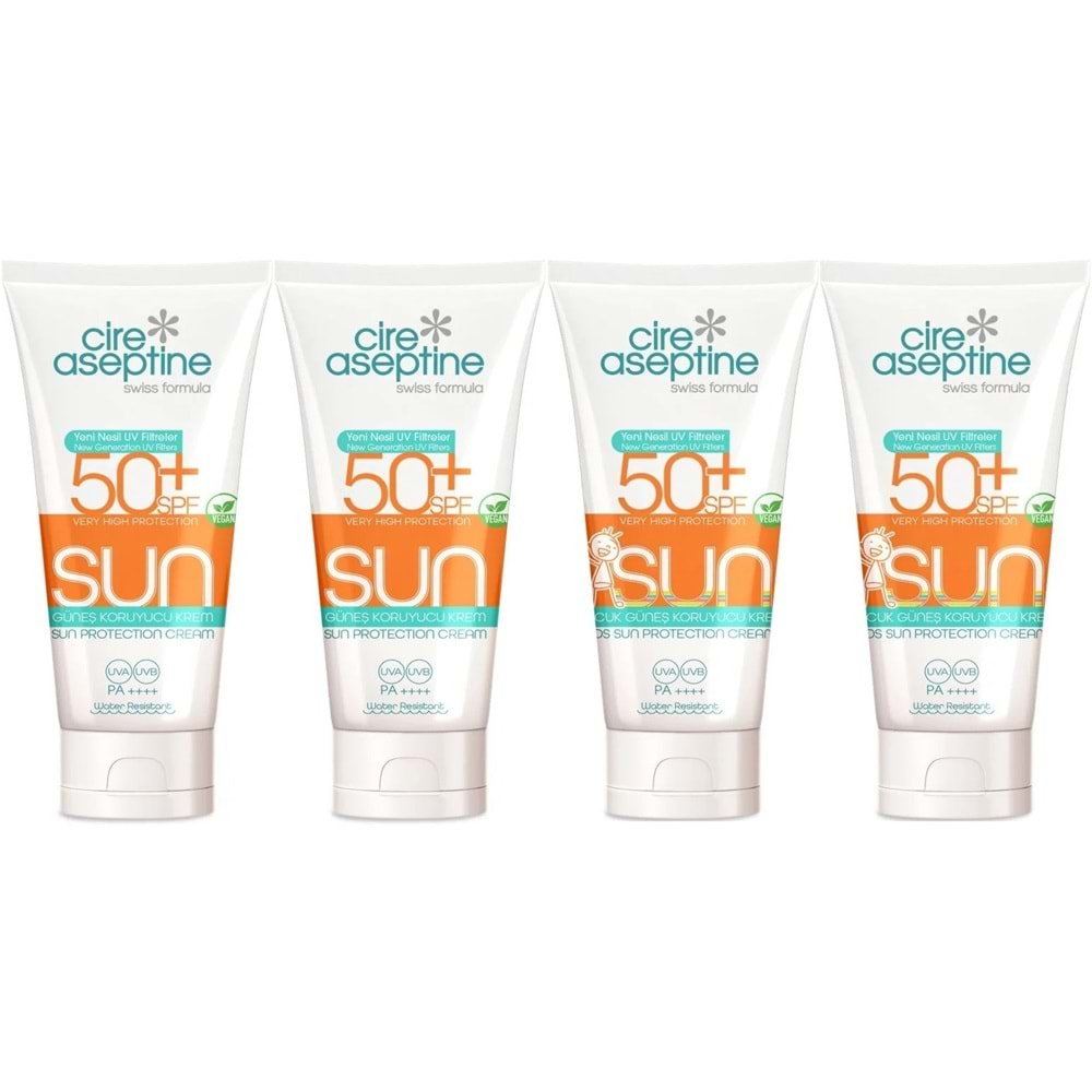 Cire Aseptine Sun Güneş Kremi 50+ SPF 150 ML + Güneş Kremi Çocuk 50+ SPF 150 ML Karma (4 Lü Set)