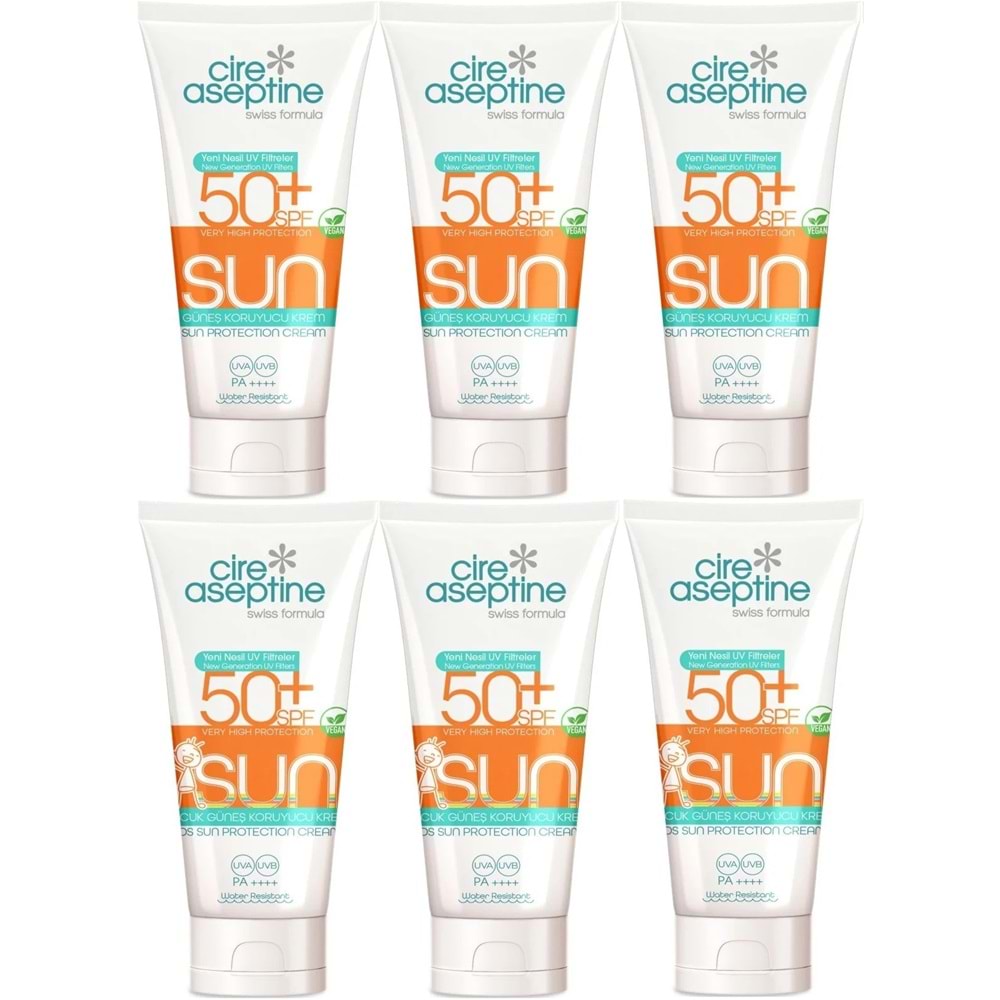 Cire Aseptine Sun Güneş Kremi 50+ SPF 150 ML + Güneş Kremi Çocuk 50+ SPF 150 ML Karma (6 Lı Set)