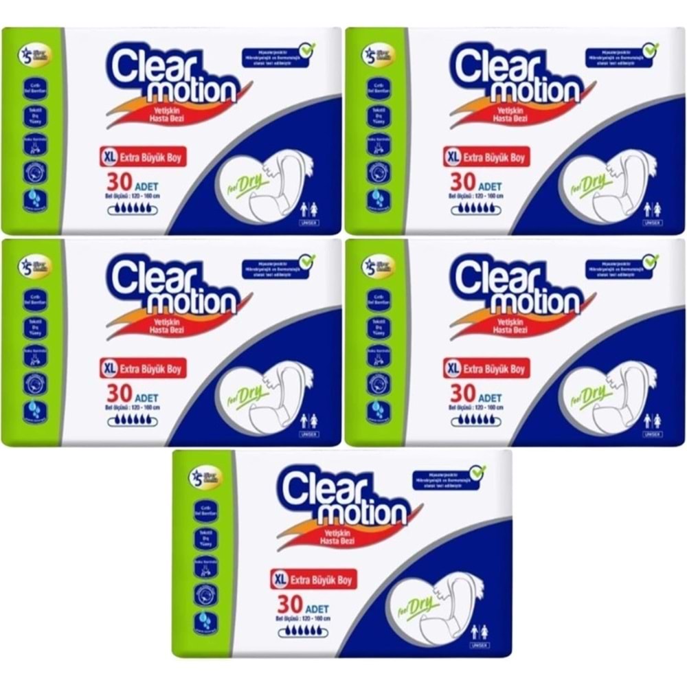 Clearmotion Yetişkin Bezi Bel Bantlı XL - Ekstra Büyük - Extra Large 150 Adet (5PK*30)