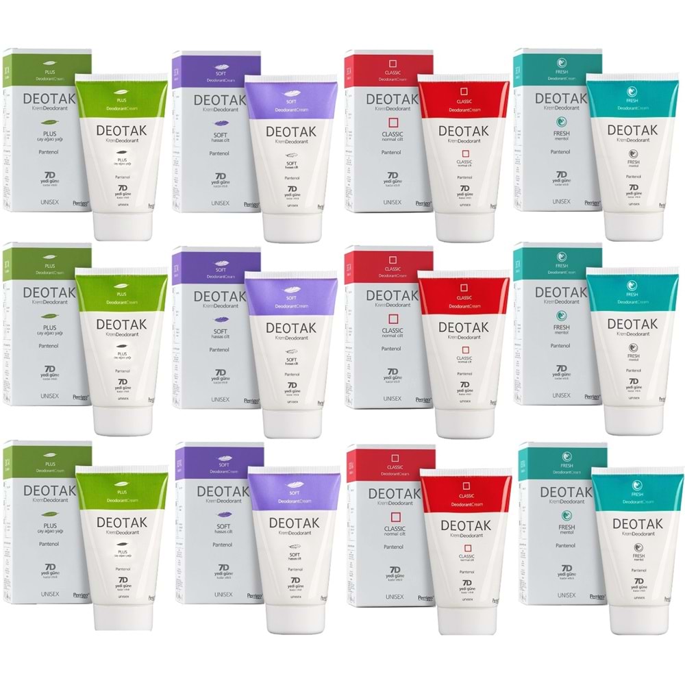 Deotak Krem Deodorant Unisex 35ML (Normal Cilt/Mentol/Hassas/Çay Ağacı Yağı) Karma (12 Li Set)