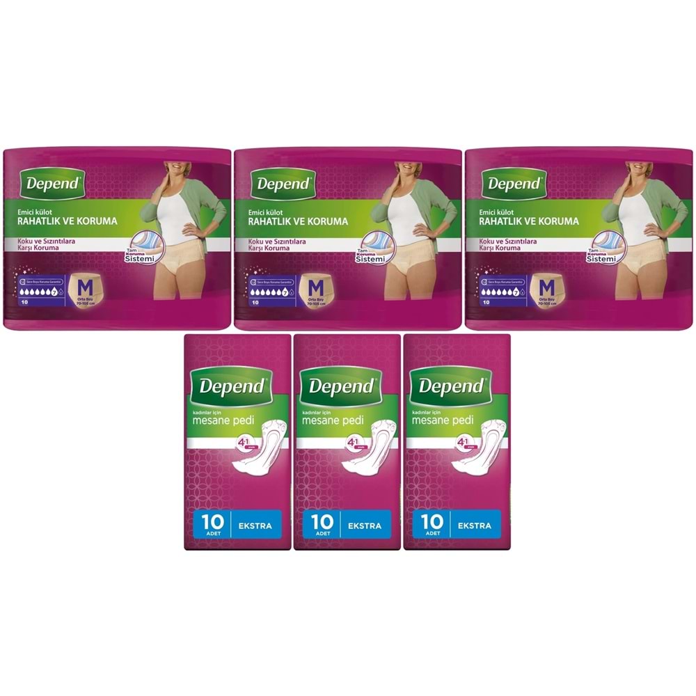 Depend Emici Külot Lohusa Pedi M - Medium - Kadın (10 Lu) + Mesane Pedi Kadın Ekstra (10 Lu) 6 Lı Set
