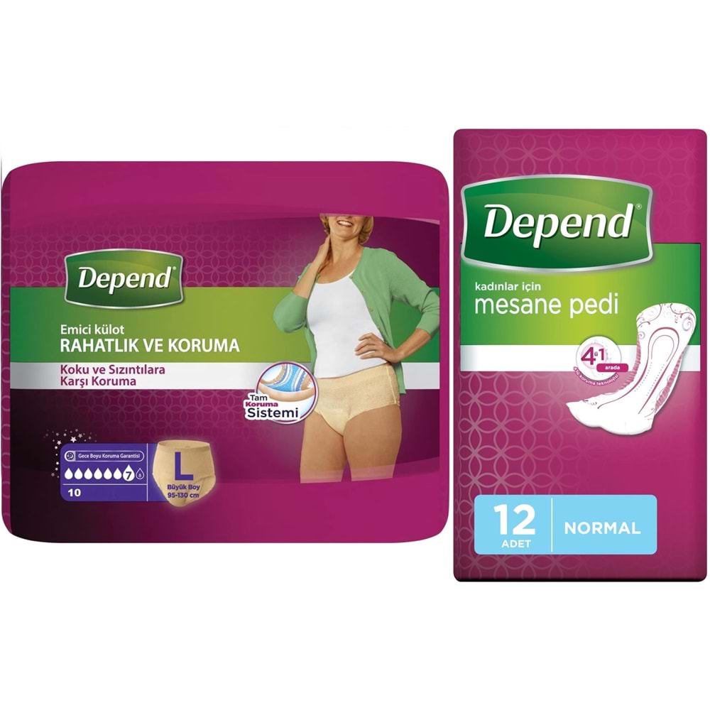 Depend Emici Külot Lohusa Pedi L - Large - Büyük Kadın (10 Lu)+Mesane Pedi Kadın Normal (12 Li)