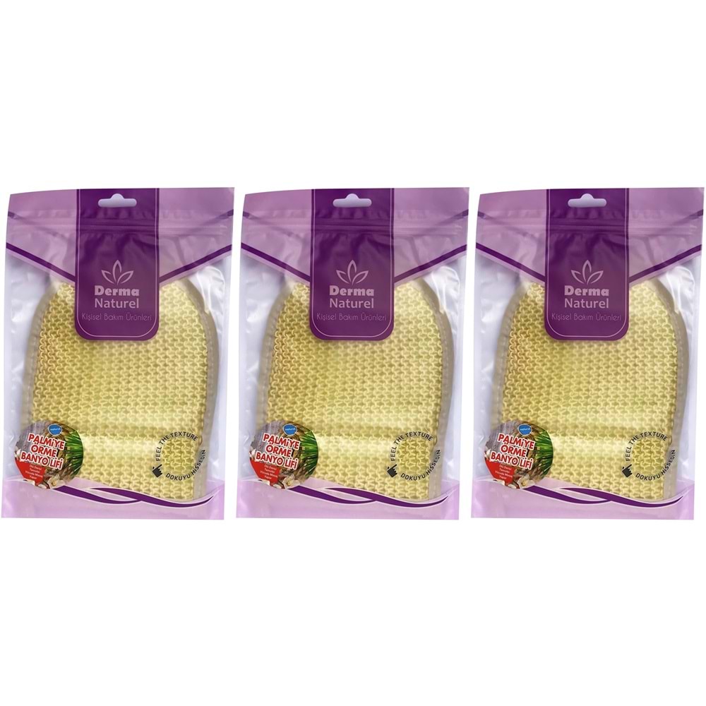 Derma Naturel Palmiye Lifi Örme Banyo Eldiveni (15*24CM) MS-04 (3 Lü Set)