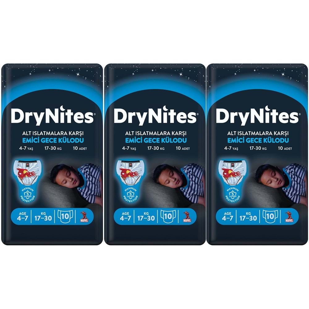 Drynites Emici Gece Külodu/Külot Bez Erkek 4-7 Yaş 17-30KG Small 30Adet 3PK*10 Alt Islatmalara Karşı