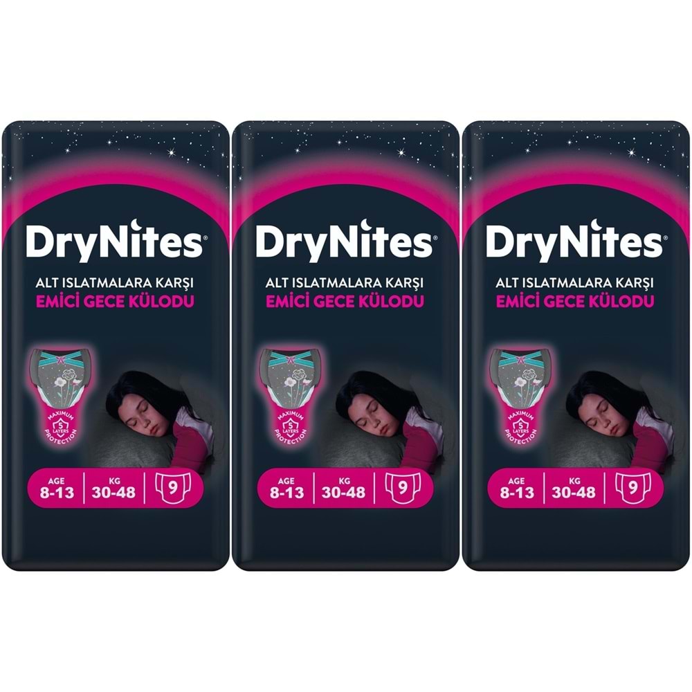 Drynites Emici Gece Külodu/Külot Bez Kız 8-13 Yaş 30-48KG Large 27 Adet 3PK*9 Alt Islatmalara Karşı