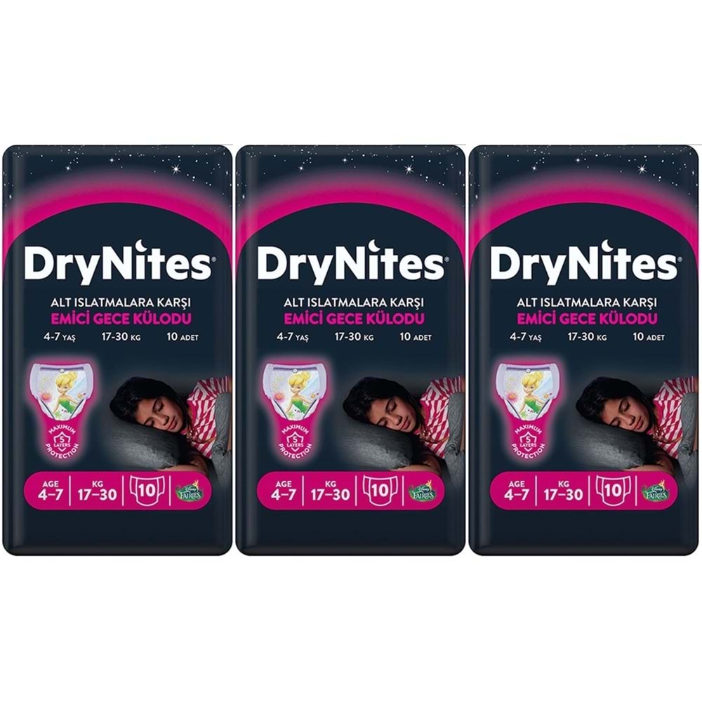 Drynites Emici Gece Külodu/Külot Bez Kız 4-7 Yaş 17-30 KG Large 30 Adet 3PK*10 Alt Islatmalara Karşı