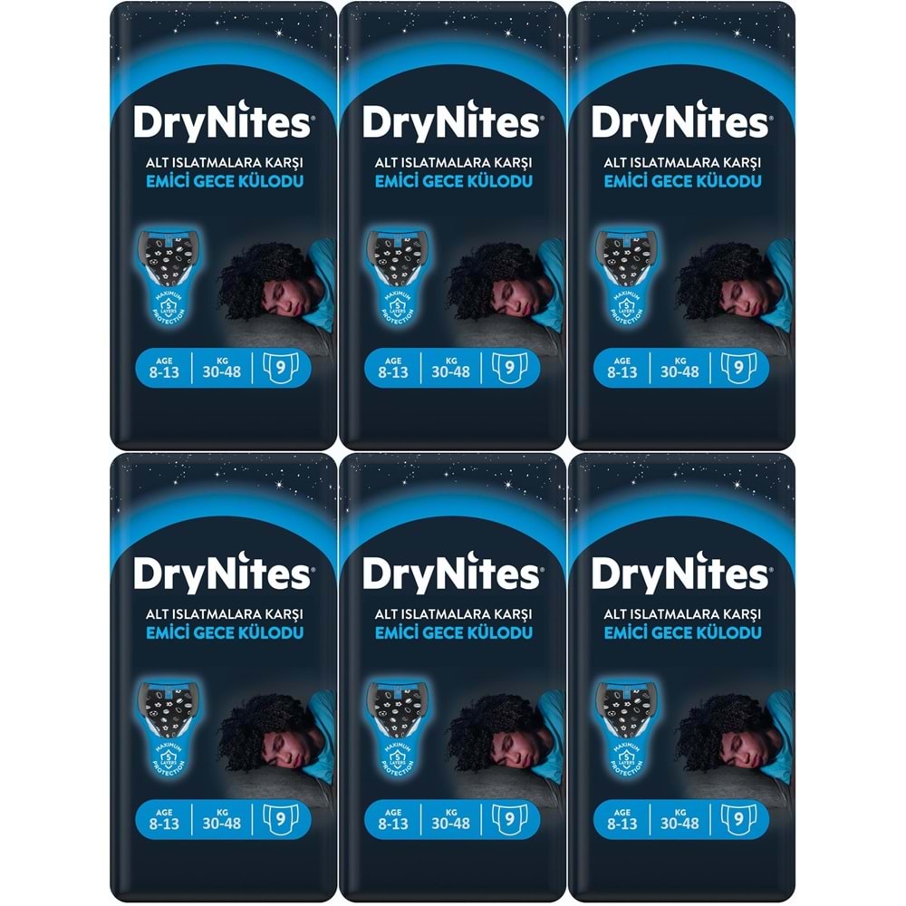 Drynites Emici Gece Külodu/Külot Bez Erkek 8-13 Yaş 30-48KG Large 54 Adet 6PK*9 AltIslatmalara Karşı