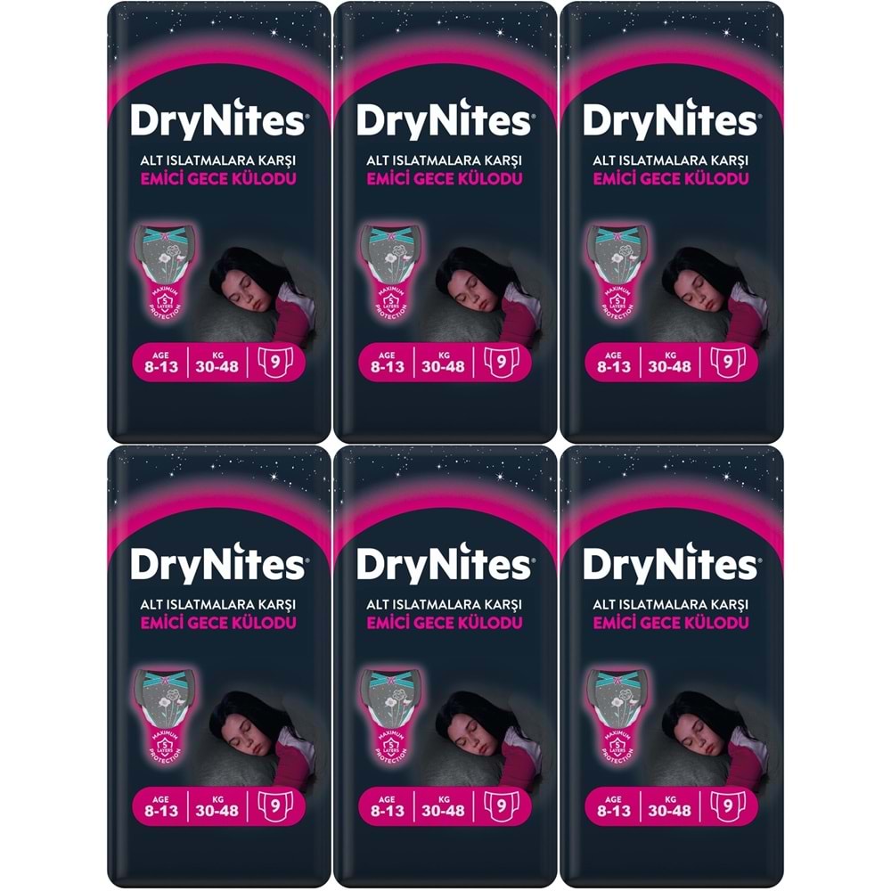 Drynites Emici Gece Külodu/Külot Bez Kız 8-13 Yaş 30-48KG Large 54 Adet 6PK*9 Alt Islatmalara Karşı