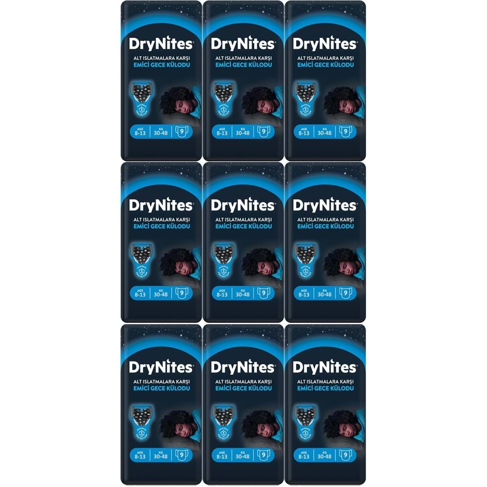 Drynites Emici Gece Külodu/Külot Bez Erkek 8-13 Yaş 30-48KG Large 81 Adet 9PK*9 AltIslatmalara Karşı