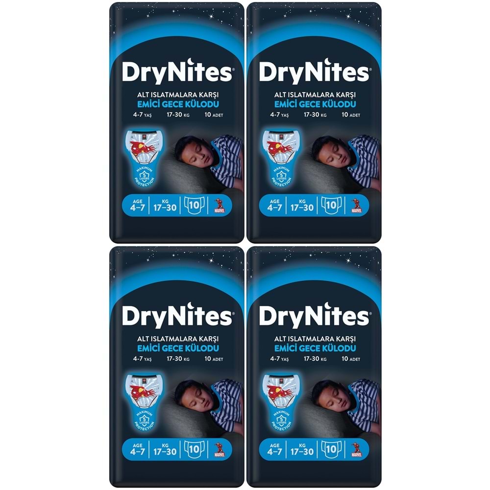 Drynites Emici Gece Külodu/Külot Bez Erkek 4-7 Yaş 17-30KG Small 40Adet 4PK*10 Alt Islatmalara Karşı