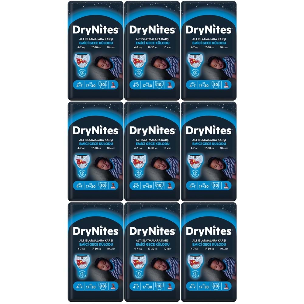 Drynites Emici Gece Külodu/Külot Bez Erkek 4-7 Yaş 17-30KG Small 90Adet 9PK*10 Alt Islatmalara Karşı