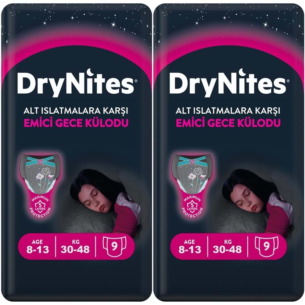 Drynites Emici Gece Külodu/Külot Bez Kız 8-13 Yaş 30-48KG Large 18 Adet 2PK*9 Alt Islatmalara Karşı