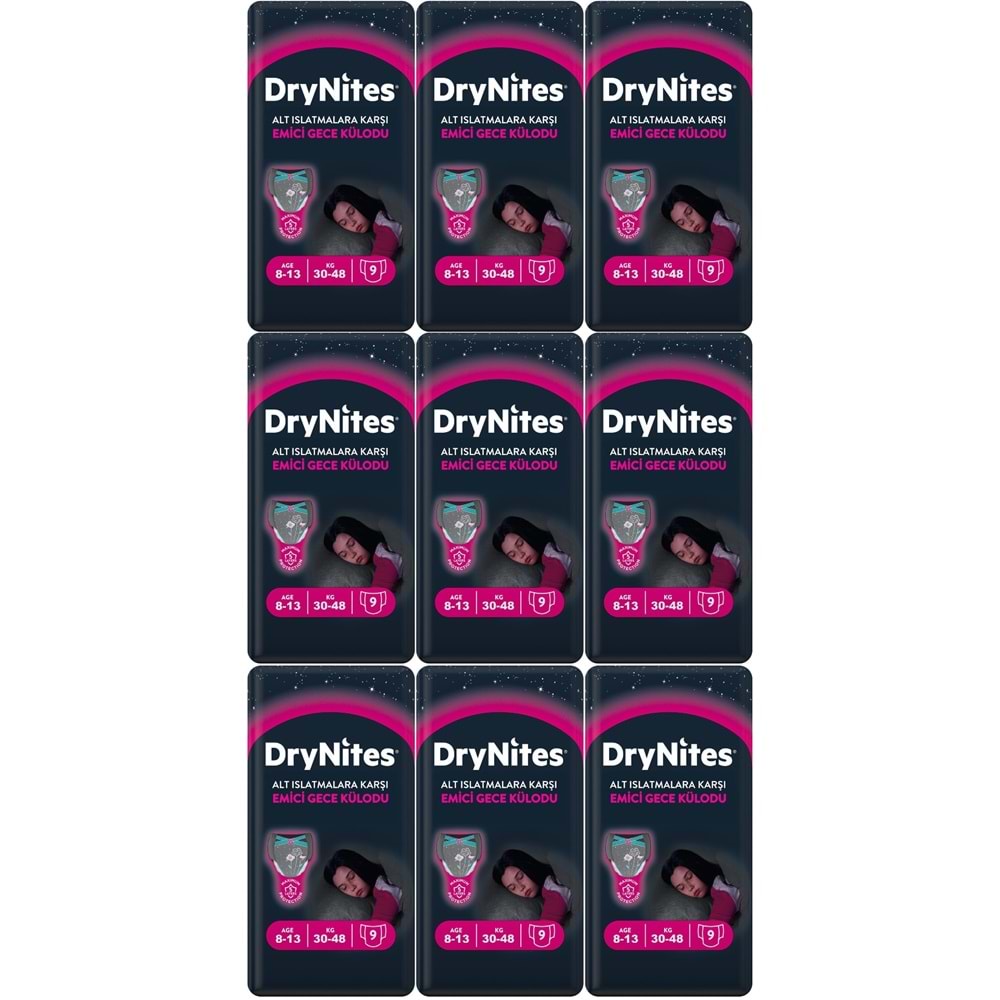 Drynites Emici Gece Külodu/Külot Bez Kız 8-13 Yaş 30-48KG Large 81 Adet 9PK*9 Alt Islatmalara Karşı