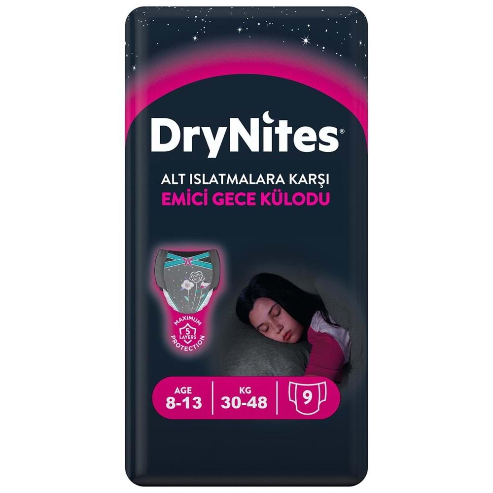 Drynites Emici Gece Külodu/Külot Bez Kız 8-13 Yaş 30-48KG Large 81 Adet 9PK*9 Alt Islatmalara Karşı