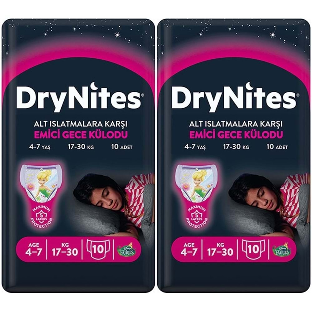 Drynites Emici Gece Külodu/Külot Bez Kız 4-7 Yaş 17-30 KG Large 20 Adet 2PK*10 Alt Islatmalara Karşı
