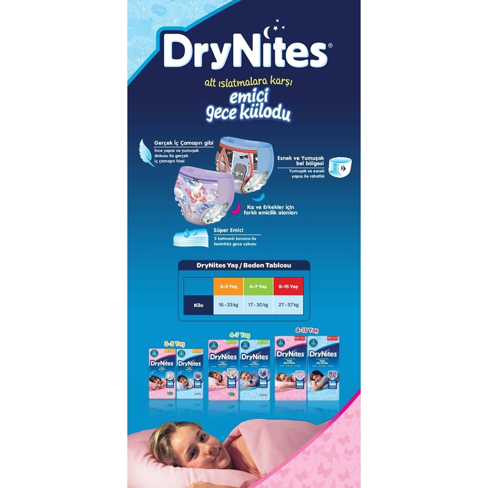 Drynites Emici Gece Külodu/Külot Bez Kız 4-7 Yaş 17-30 KG Large 20 Adet 2PK*10 Alt Islatmalara Karşı