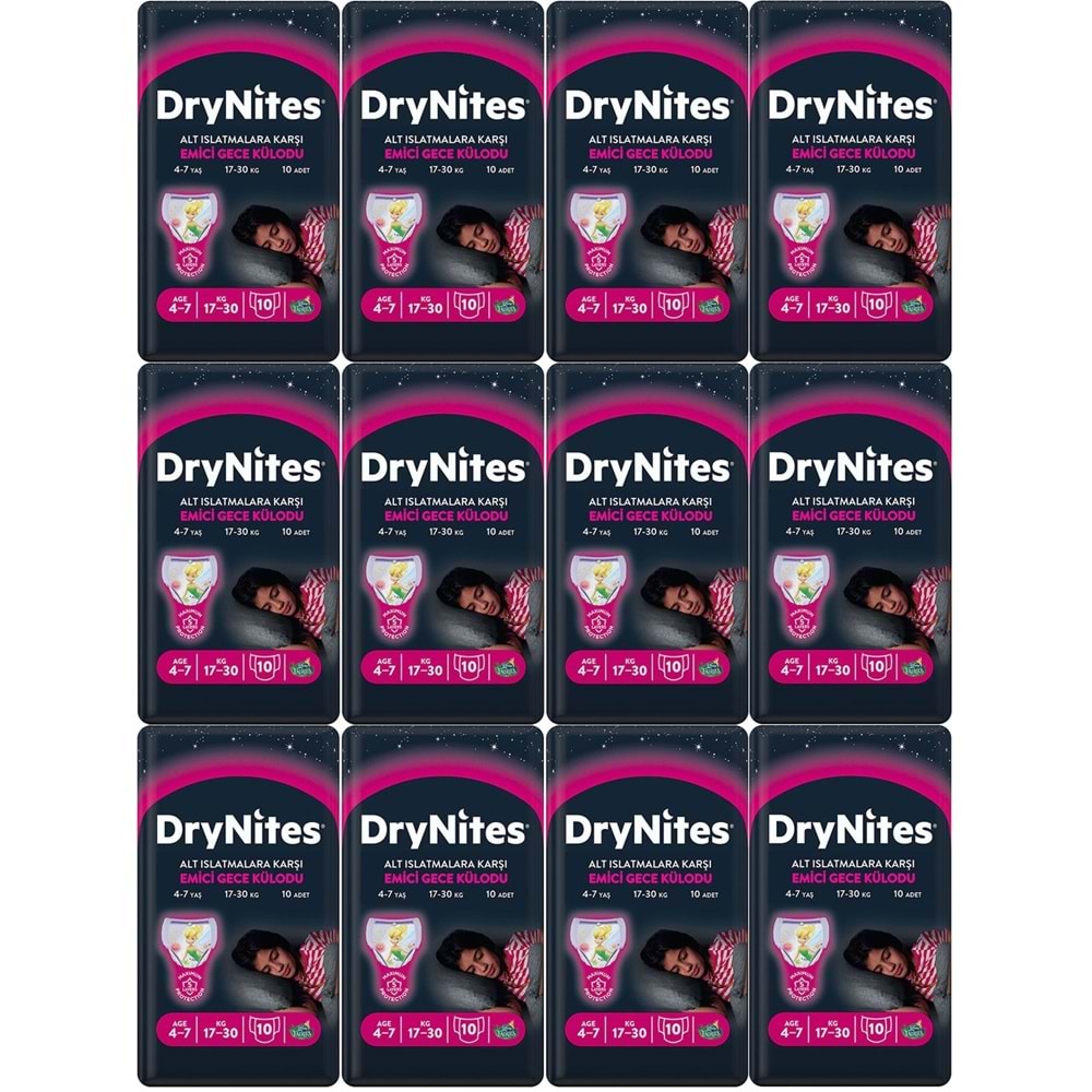 Drynites Emici Gece Külodu/Külot Bez Kız 4-7 Yaş 17-30KG Large 120Adet 12PK*10 Alt Islatmalara Karşı