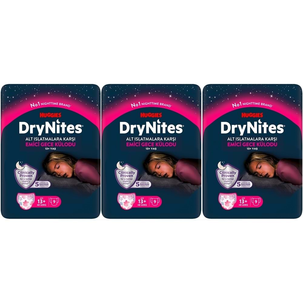 Drynites Emici Gece Külodu/Külot Bez Kız 13+ Yaş (48-60KG) X Large 27 Adet (3PK*9)
