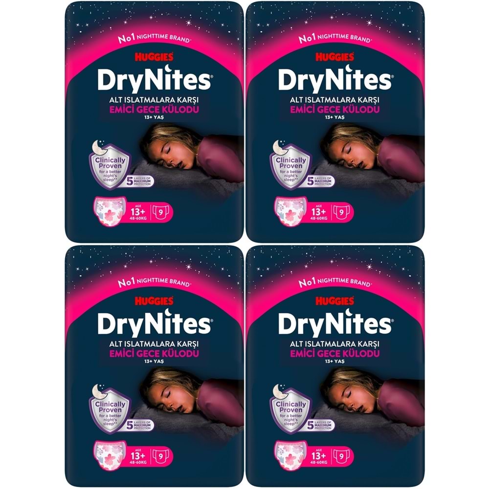 Drynites Emici Gece Külodu/Külot Bez Kız 13+ Yaş (48-60KG) X Large 36 Adet (4PK*9)