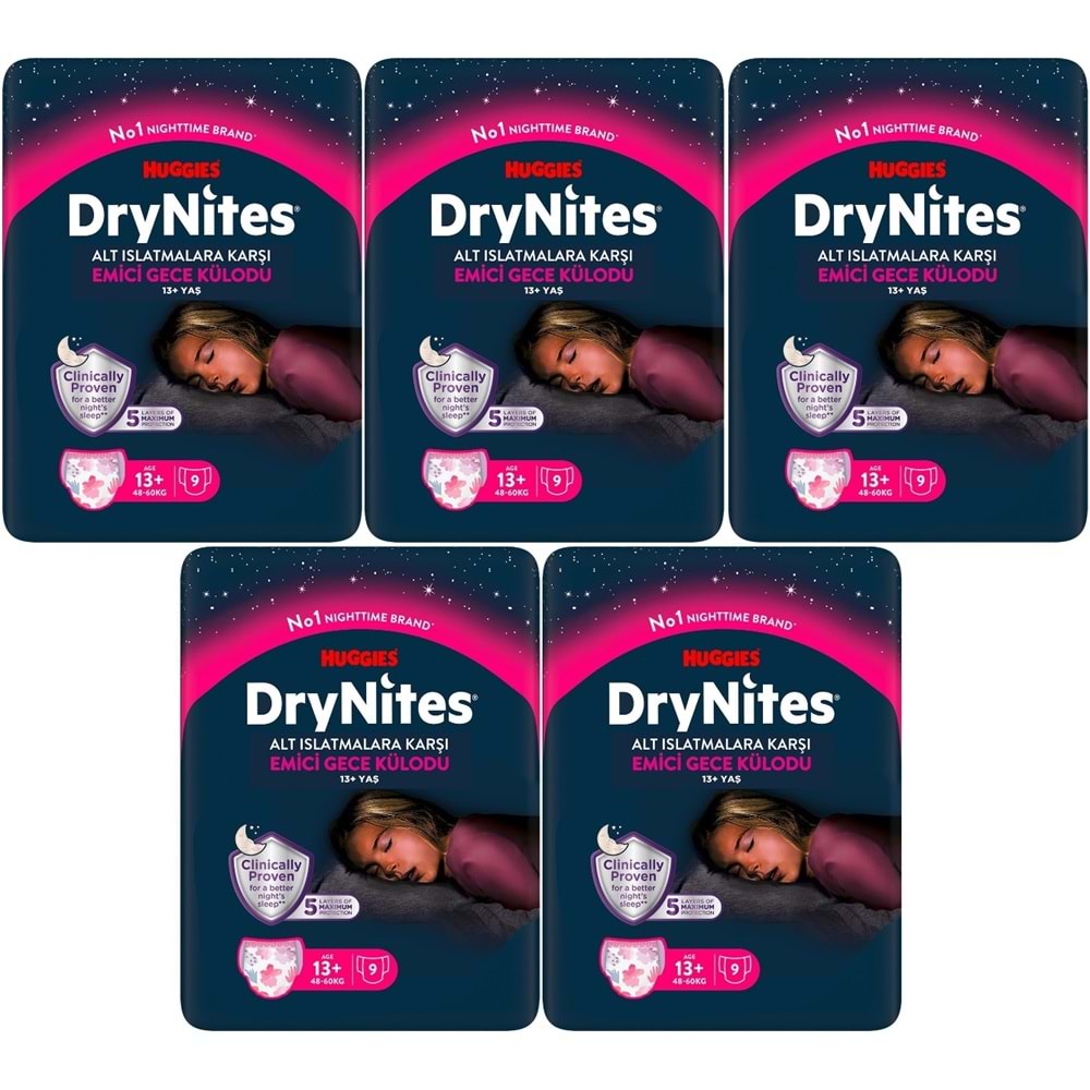 Drynites Emici Gece Külodu/Külot Bez Kız 13+ Yaş (48-60KG) X Large 45 Adet (5PK*9)