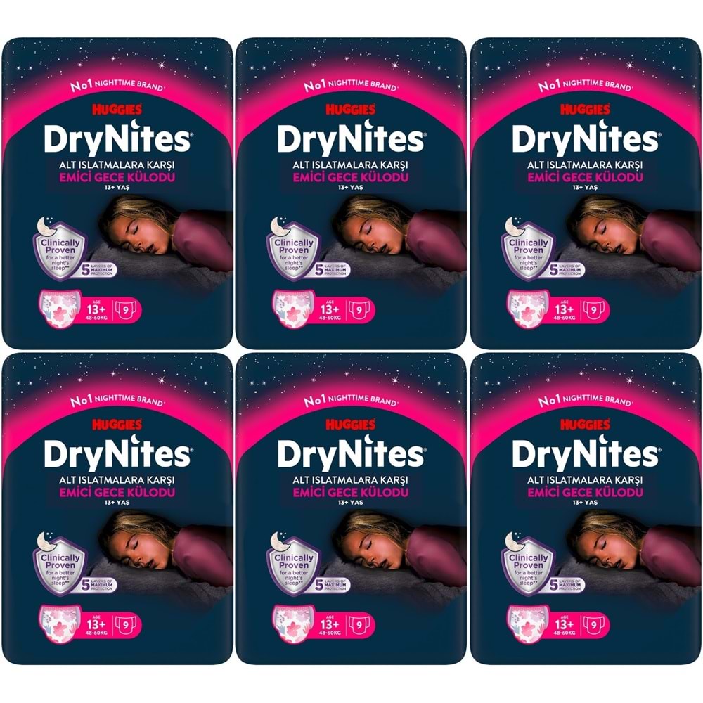 Drynites Emici Gece Külodu/Külot Bez Kız 13+ Yaş (48-60KG) X Large 54 Adet (6PK*9)