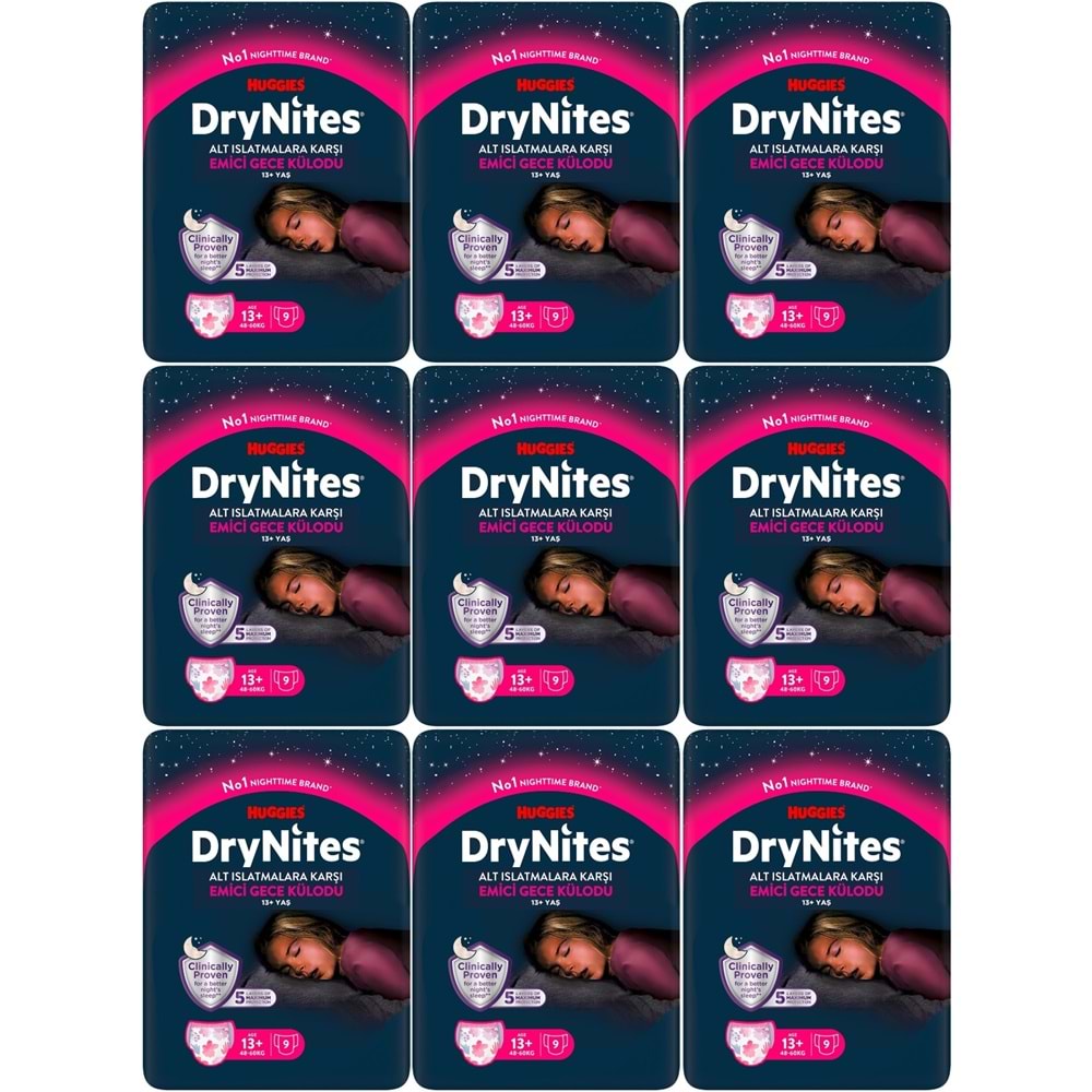 Drynites Emici Gece Külodu/Külot Bez Kız 13+ Yaş (48-60KG) X Large 81 Adet (9PK*9)