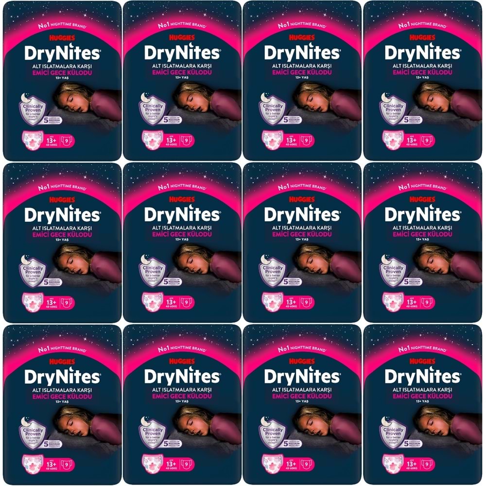 Drynites Emici Gece Külodu/Külot Bez Kız 13+ Yaş (48-60KG) X Large 108 Adet (12PK*9)