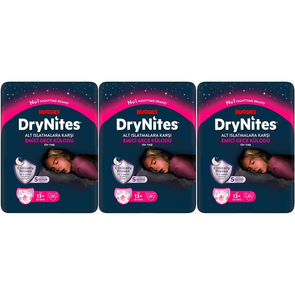 Drynites Emici Gece Külodu/Külot Bez Kız 13+ Yaş (48-60KG) X Large 60 Adet Mega Pk (3PK*20)