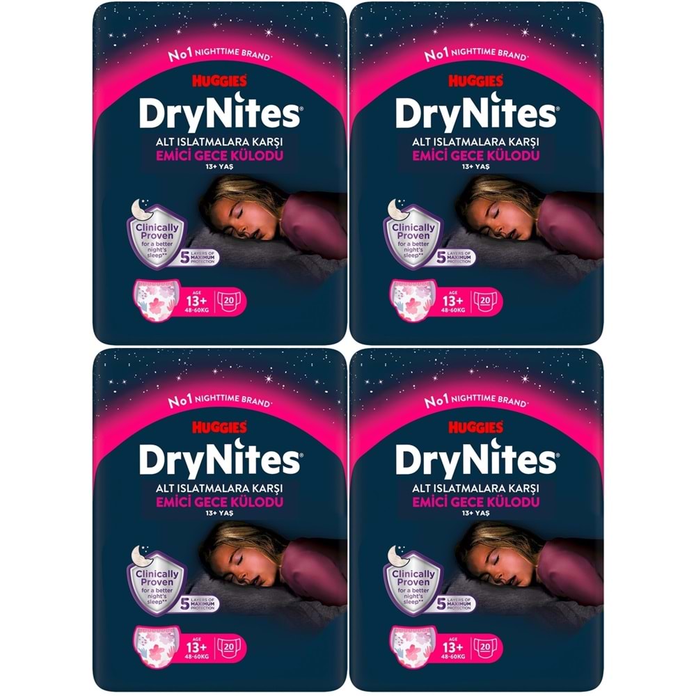 Drynites Emici Gece Külodu/Külot Bez Kız 13+ Yaş (48-60KG) X Large 80 Adet Mega Pk (4PK*20)