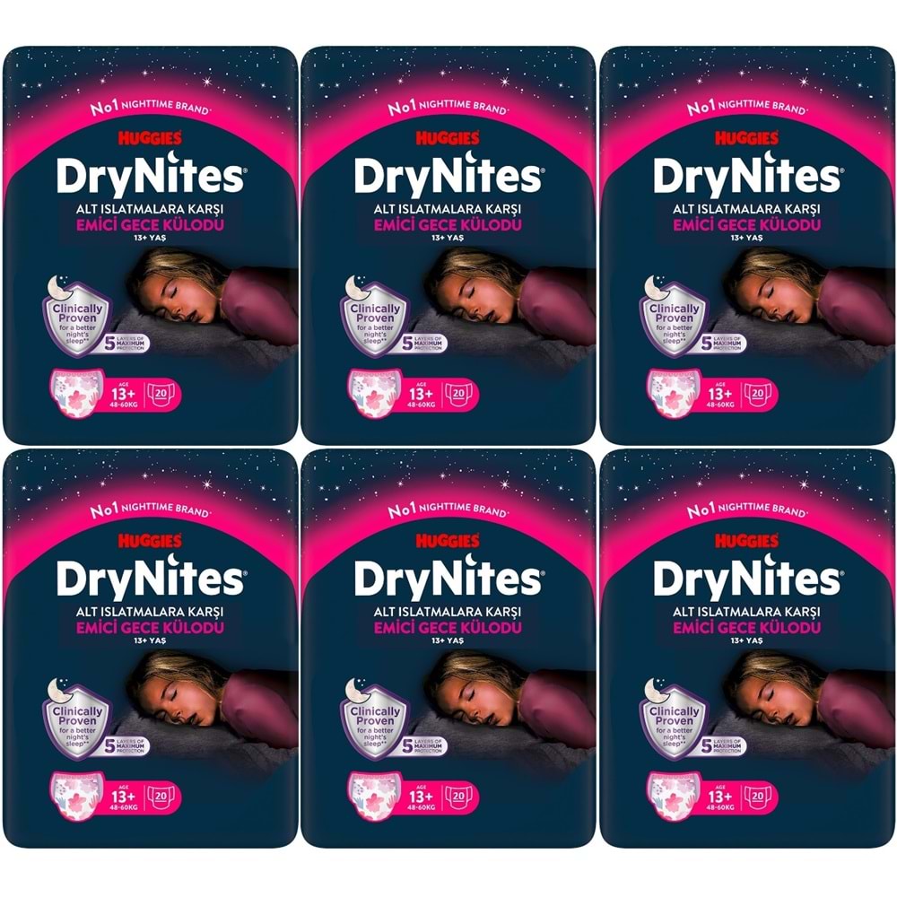 Drynites Emici Gece Külodu/Külot Bez Kız 13+ Yaş (48-60KG) X Large 120 Adet Mega Pk (6PK*20)
