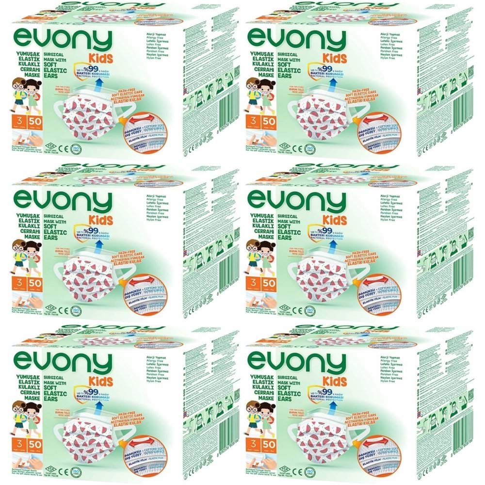 Evony 3 Katlı Filtreli Burun Telli Cerrahi Maske (Kids Çoçuklar İçin) 300 Lü Set (Desenli)