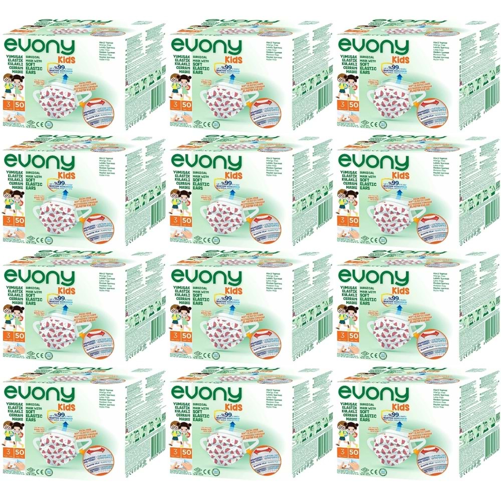 Evony 3 Katlı Filtreli Burun Telli Cerrahi Maske (Kids Çoçuklar İçin) 600 Lü Set (Desenli)