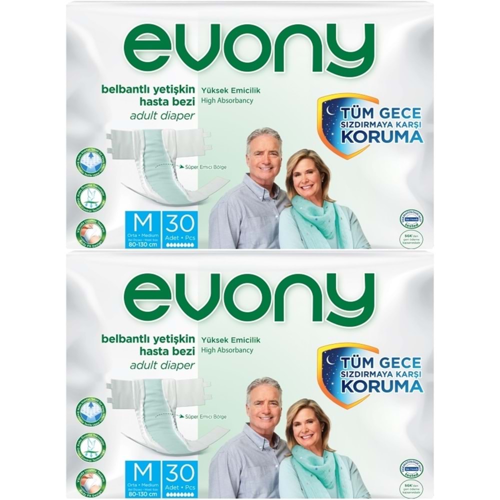 Evony Yetişkin Bezi Bel Bantlı Tekstil Yüzey M-Orta 60 Adet (2PK*30)