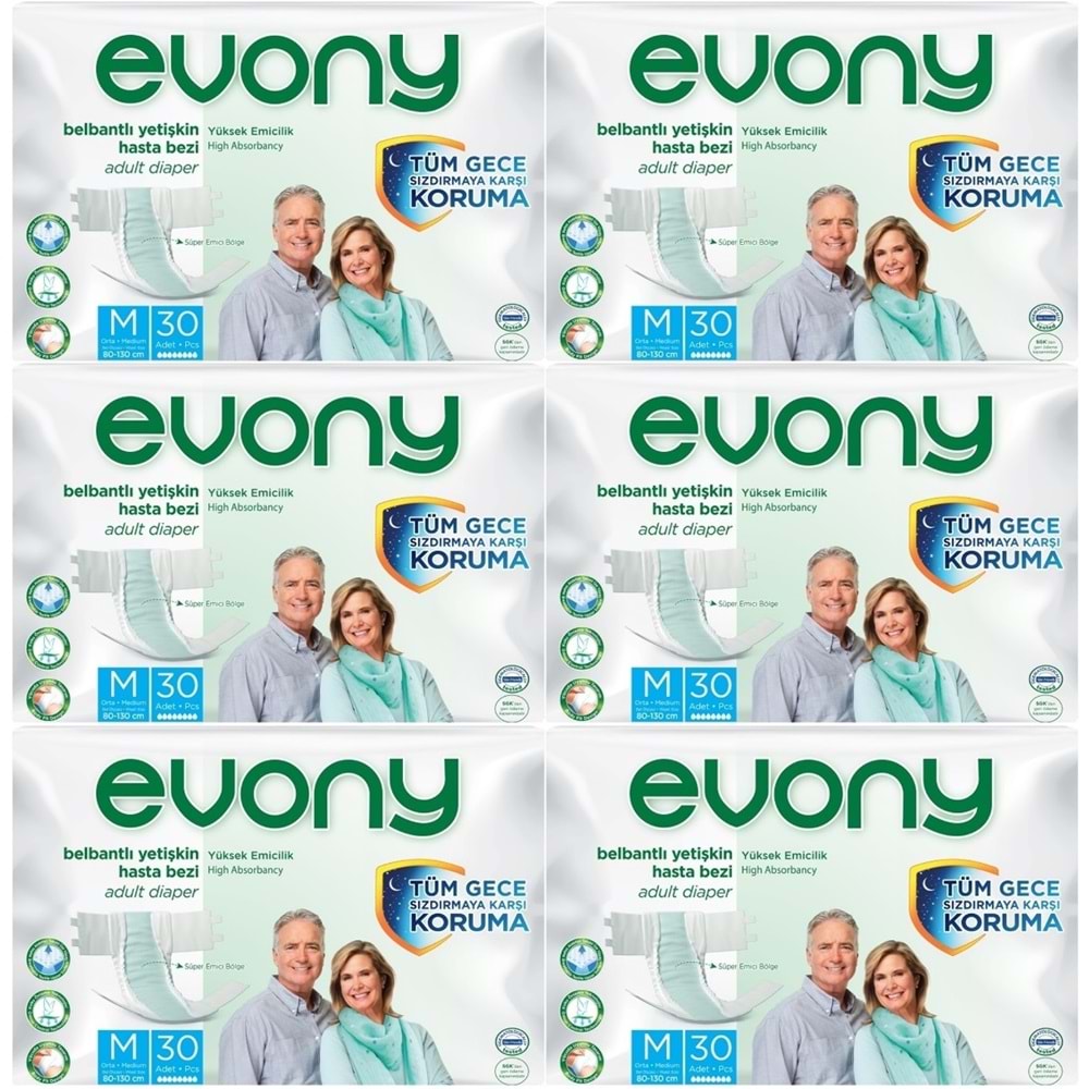 Evony Yetişkin Bezi Bel Bantlı Tekstil Yüzey M-Orta 180 Adet (6PK*30)
