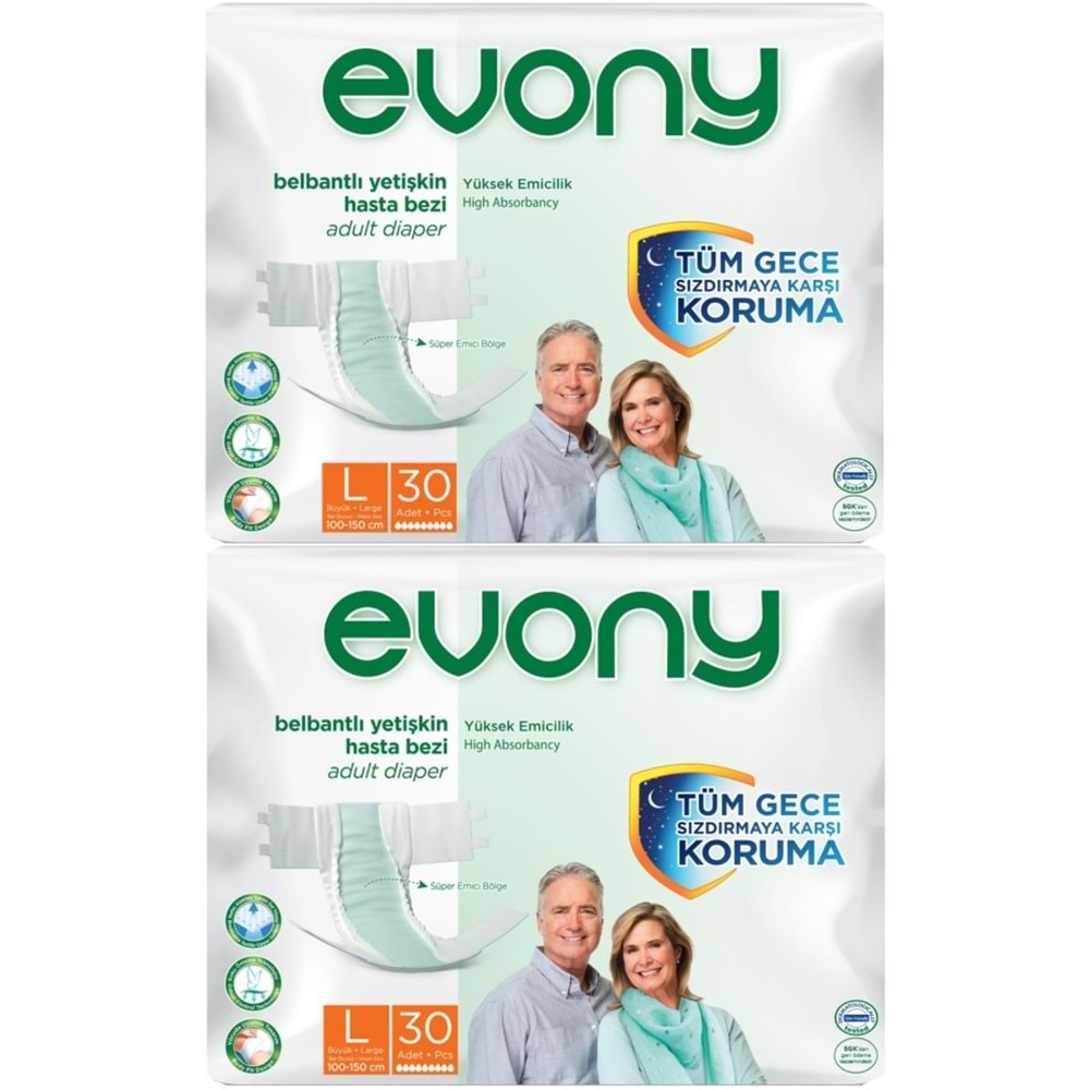 Evony Yetişkin Bezi Bel Bantlı Tekstil Yüzey L-Büyük 60 Adet (2PK*30)