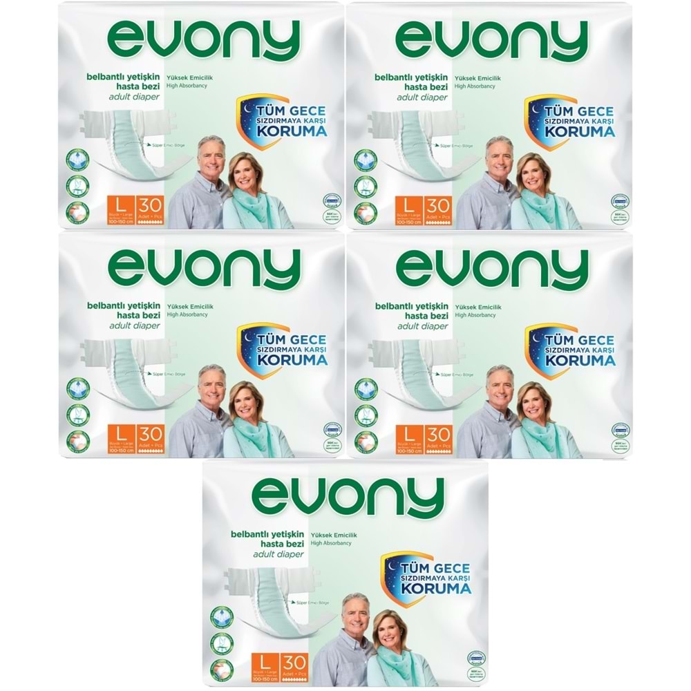 Evony Yetişkin Bezi Bel Bantlı Tekstil Yüzey L-Büyük 150 Adet (5PK*30)