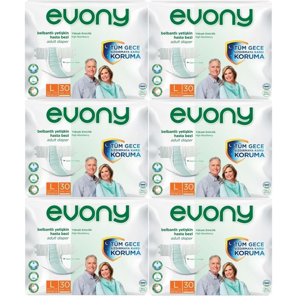 Evony Yetişkin Bezi Bel Bantlı Tekstil Yüzey L-Büyük 180 Adet (6PK*30)